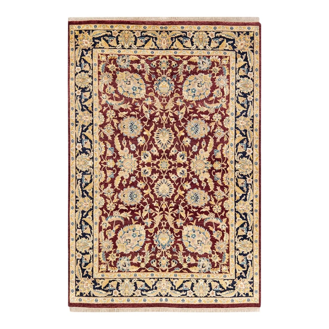 Mogul, One-of-a-Kind Hand-Knotted Area Rug in Red, 4' 2" x 6' 2": With understated palettes and allover designs, the rugs in the Mogul Collection will bring timeless sophistication to any room. Influenced by a spectrum of Turkish, Indian, and Persian designs, the