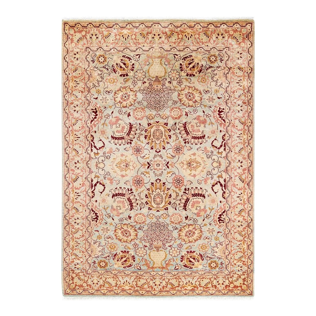 Mogul, One-of-a-Kind Hand-Knotted Area Rug in Light Blue, 4' 1" x 5' 10": With understated palettes and allover designs, the rugs in the Mogul Collection will bring timeless sophistication to any room. Influenced by a spectrum of Turkish, Indian, and Persian designs, the