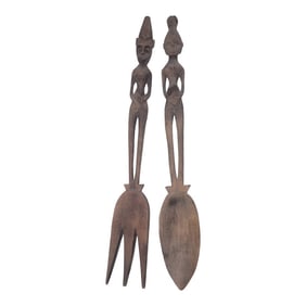 African Carved Spoon and Fork Decor - Set of 2