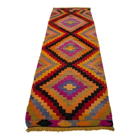 Vintage Turkish Kilim Runner Diamond Motif Handmade Runner Rug - 3"²1"³ × 9"²