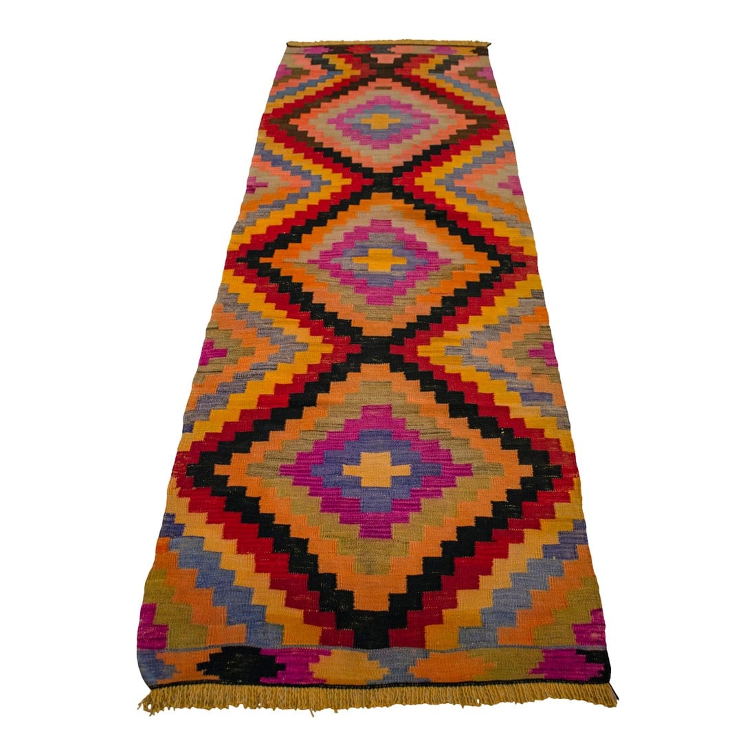 Vintage Turkish Kilim Runner Diamond Motif Handmade Runner Rug - 3"²1"³ × 9"²: This vintage Turkish kilim runner was woven in the 1960s in the Mediterranean Antalya region, an area known for expressive color stories and rhythmic geometric compositions. Crafted in wool on a