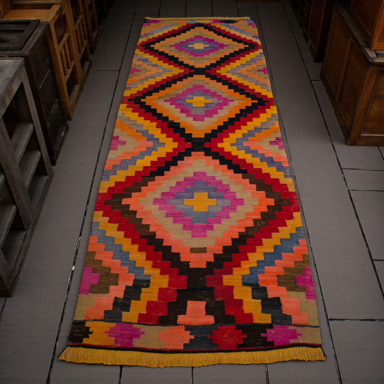 Vintage Turkish Kilim Runner Diamond Motif Handmade Runner Rug - 3"²1"³ × 9"² - 3