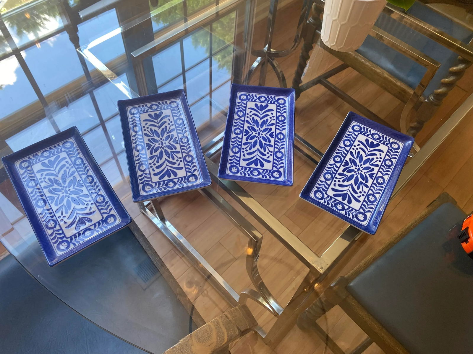 1970s Collection of Blue and White Rectangular Ceramic Dishes- Set of 4 - 6