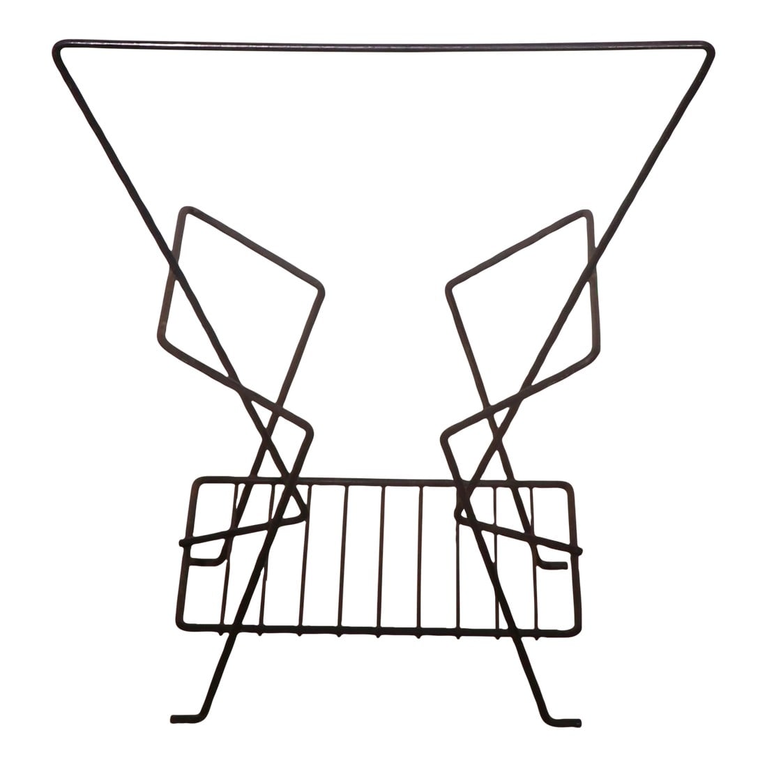Mid Century Wire Magazine Rack by Richard Galef: Classic Mid Century wire magazine stand by Richard Galef, constructed of welded angular wrought iron rods. Architectural and modernist design, vintage], but still relevant to todays interiors. This ex