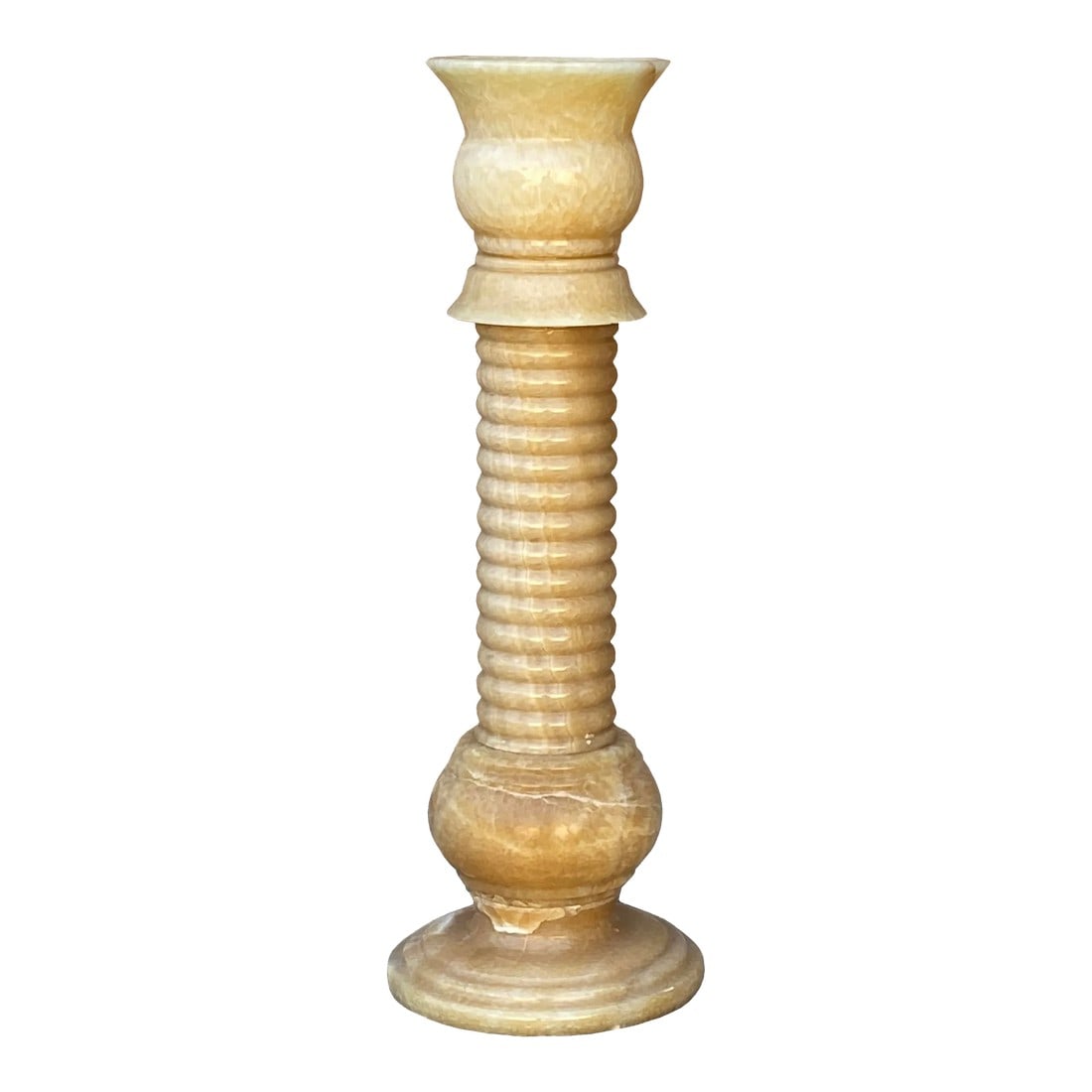 Yellow Color Alabaster Stone Column Floor Lamp Display: This is a stone-carved short round column shape floor lamp with natural cream yellow color. Dimension: Dia 9" x h26.5" Origin: China Material: Alabaster Stone Condition : Minor chips marks USA domesti