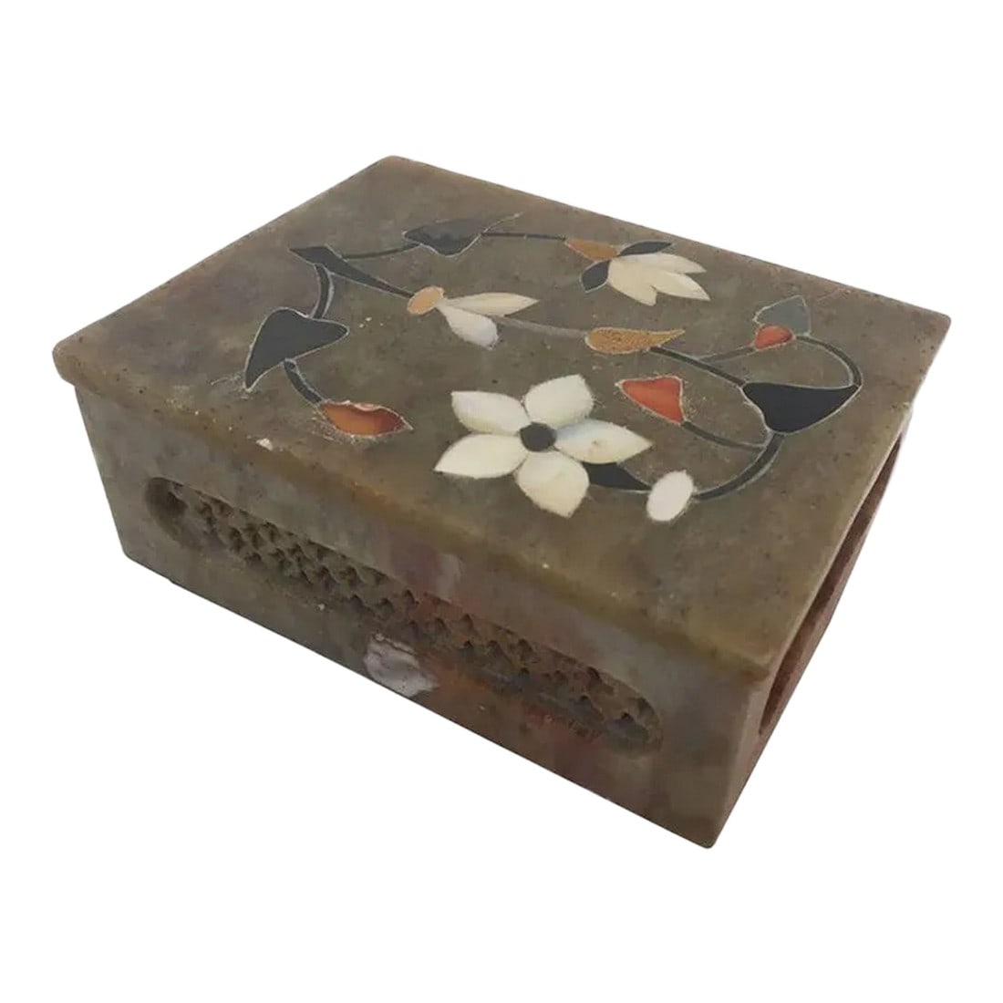 Anglo-Raj Marble Inlay Box Pietra Dura Censor: Anglo Raj inlaid marble pietra dura with lid. Handmade marble decorative box is inlaid with semi precious stones, jasper, carnelian for orange. It is the same craft that you see in the Taj Mahal.