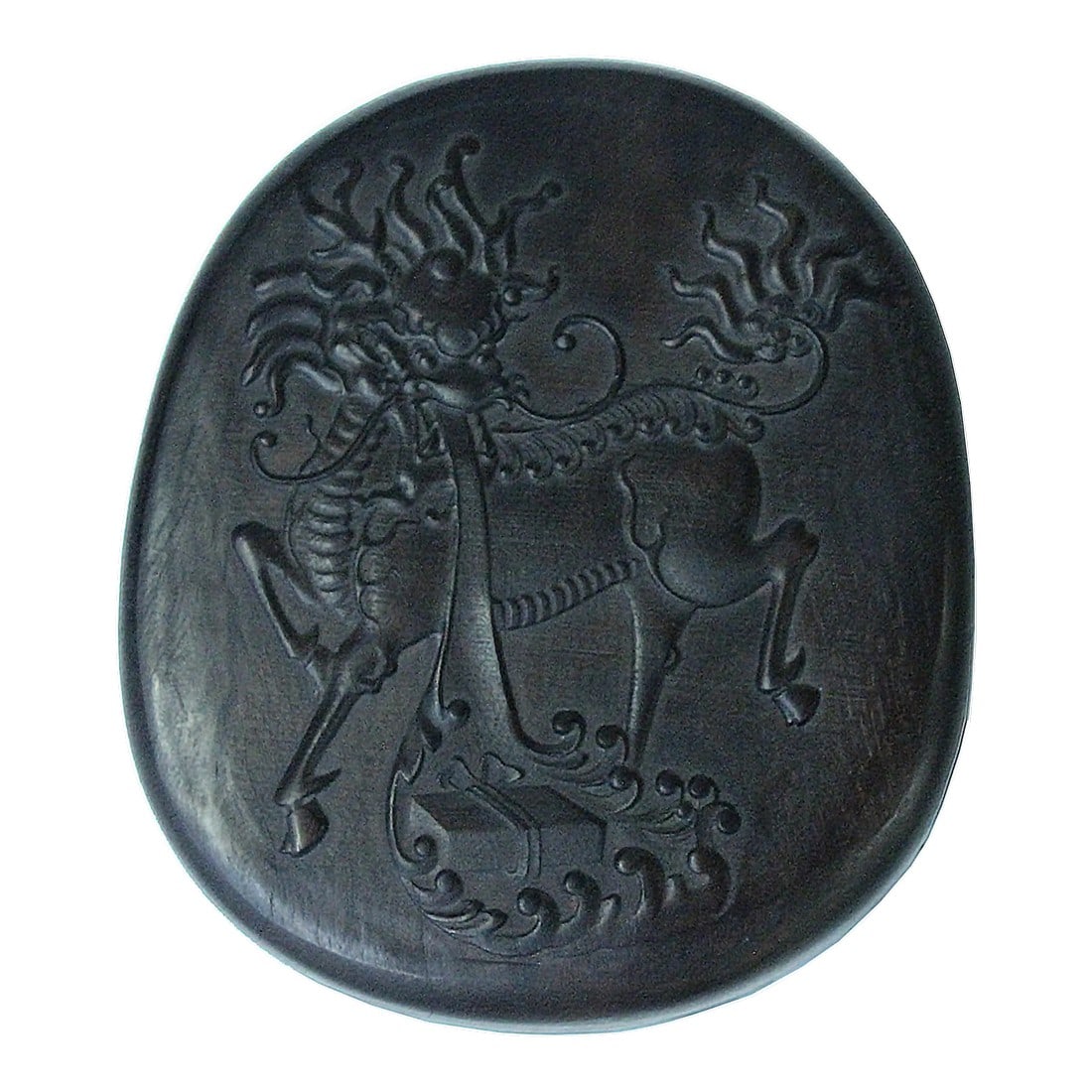 Chinese Kirin Motif Oval Shape Box With Ink Stone Inkwell Pad: This is a handmade Chinese accent decorative inkstone dipping inkwell pad in a box. The box has a relief Kirin theme carving on the lid. Dimensions: 5.75"x 6.5" x thickness 2" box / 4.75" x 5.5" thick