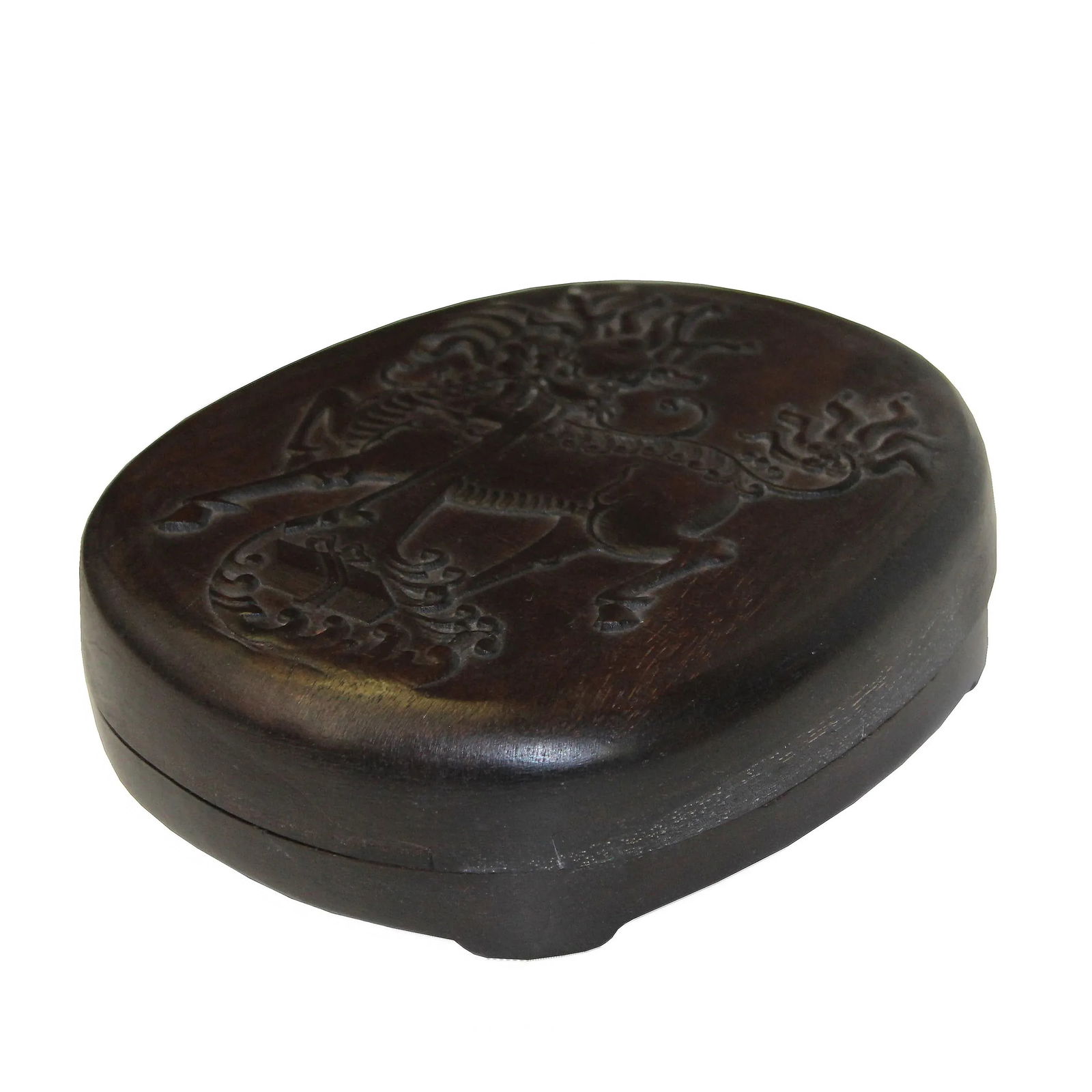 Chinese Kirin Motif Oval Shape Box With Ink Stone Inkwell Pad - 2