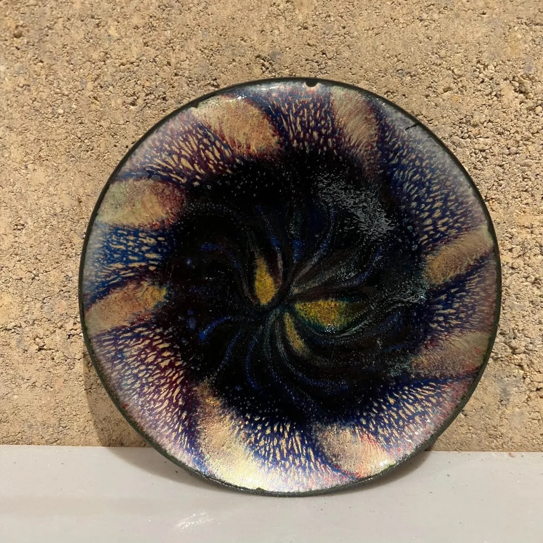 1960s Art Modernist Blue Fusion Swirl Copper Enamel Plate Signed - 13