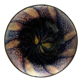 1960s Art Modernist Blue Fusion Swirl Copper Enamel Plate Signed