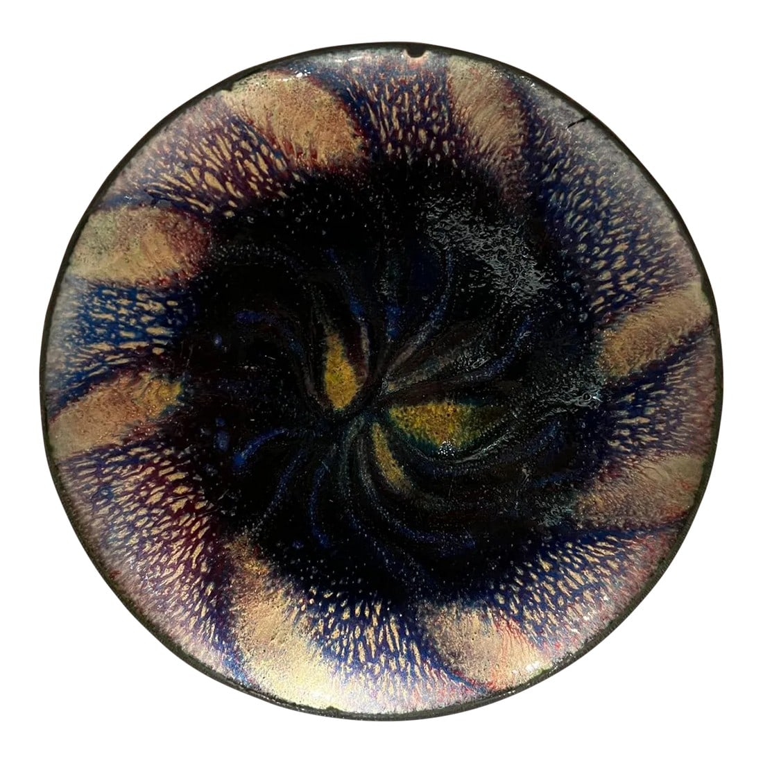 1960s Art Modernist Blue Fusion Swirl Copper Enamel Plate Signed: AMBIANIC presents 1960s Modernist Blue Fusion Swirl Copper Enamel Plate Signed 5.5 diameter x .5 Preowned vintage condition unrestored See images provided please. Condition: Alterations: Original