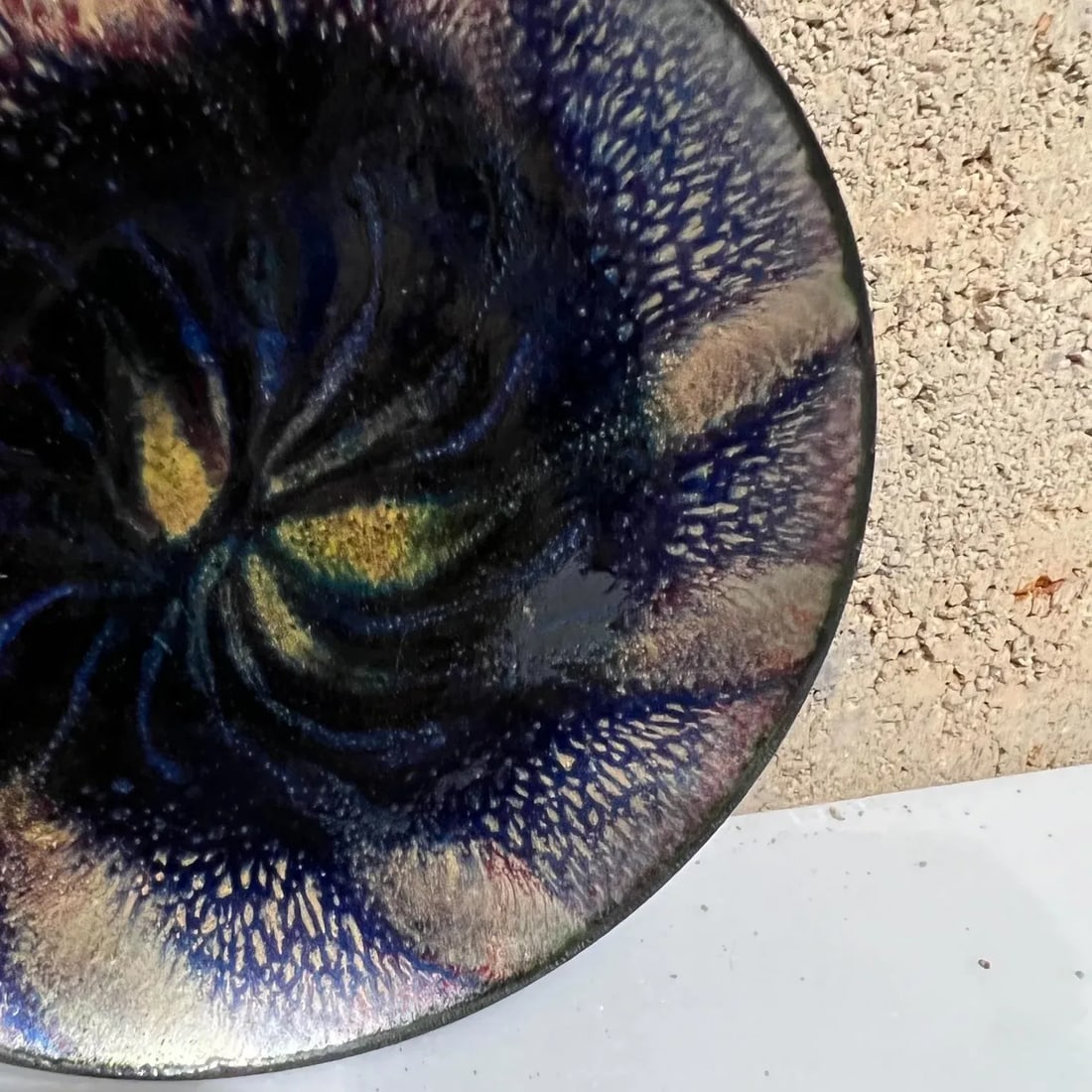 1960s Art Modernist Blue Fusion Swirl Copper Enamel Plate Signed - 2