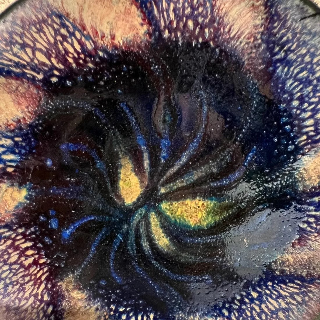 1960s Art Modernist Blue Fusion Swirl Copper Enamel Plate Signed - 5