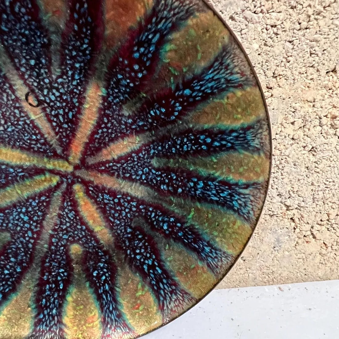 1960s Art Modernist Blue Fusion Swirl Copper Enamel Plate Signed - 7