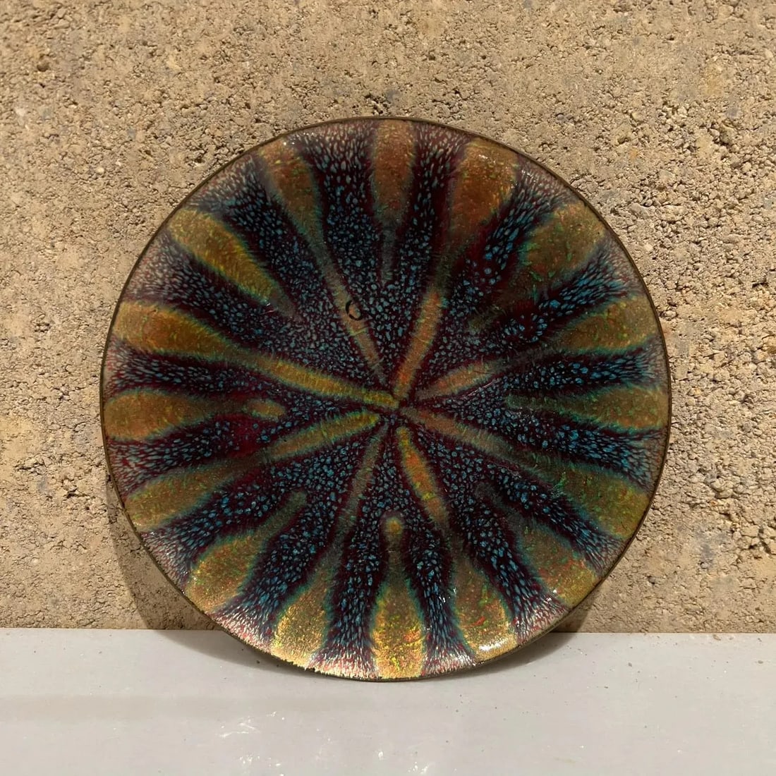 1960s Art Modernist Blue Fusion Swirl Copper Enamel Plate Signed - 8