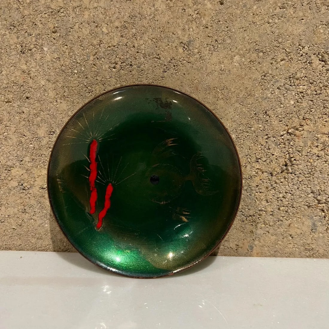 1960s Modernist Copper Enamel Art Abstract Green Fish Decorative Dish - 12