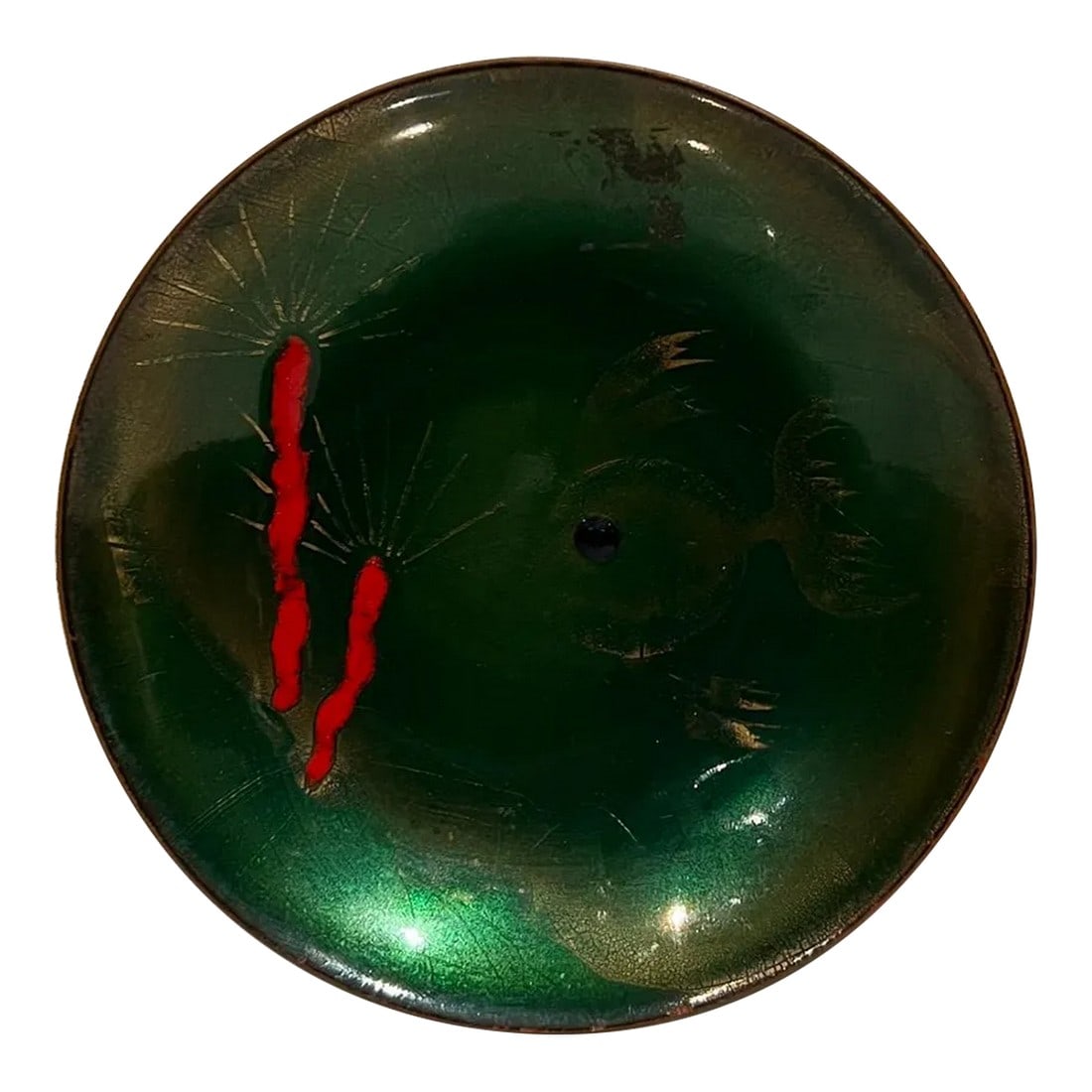 1960s Modernist Copper Enamel Art Abstract Green Fish Decorative Dish: AMBIANIC presents 1960s Modernist Copper Enamel Art Abstract Green Fish Decorative Dish 4.75 diameter x .75 Preowned unrestored vintage condition. See images provided please. Condition: