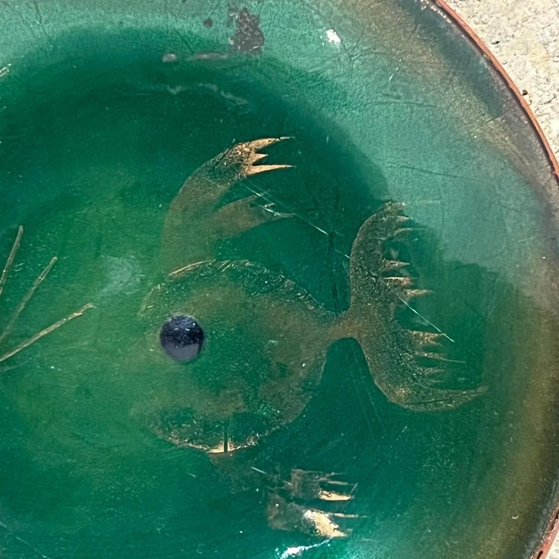 1960s Modernist Copper Enamel Art Abstract Green Fish Decorative Dish - 3