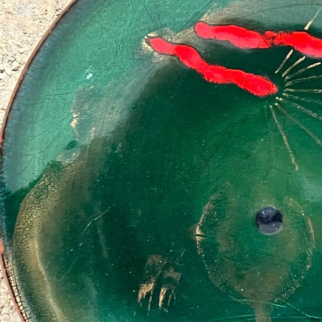 1960s Modernist Copper Enamel Art Abstract Green Fish Decorative Dish - 4