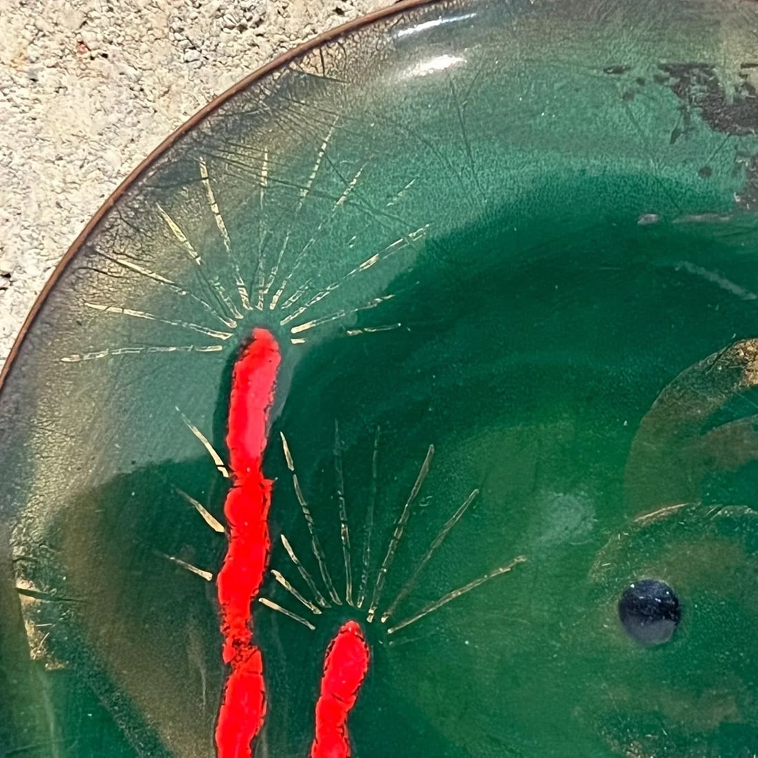 1960s Modernist Copper Enamel Art Abstract Green Fish Decorative Dish - 9