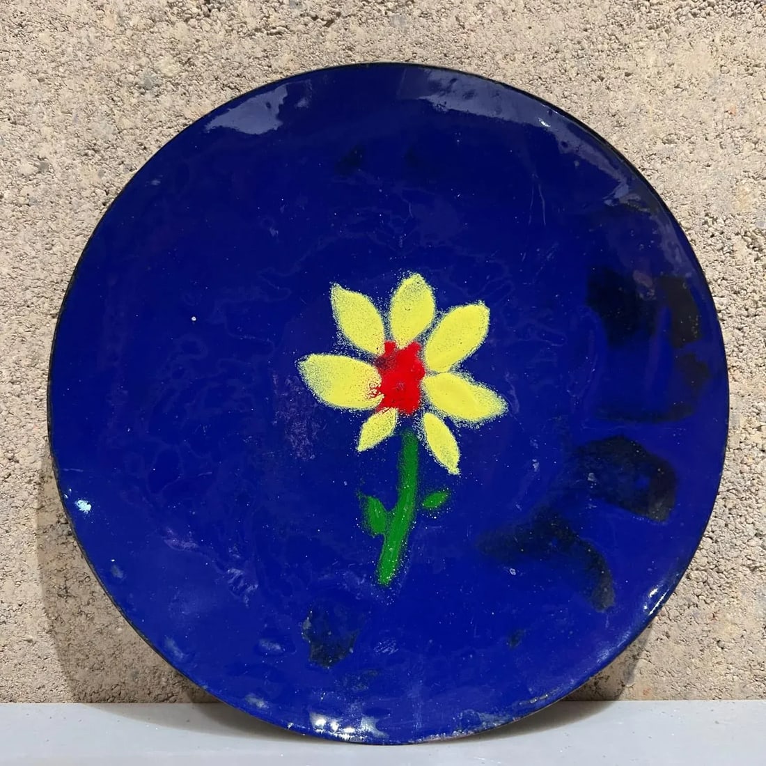 1967 Modern Copper Enamel Royal Blue Plate Yellow Daisy Flower Signed - 8