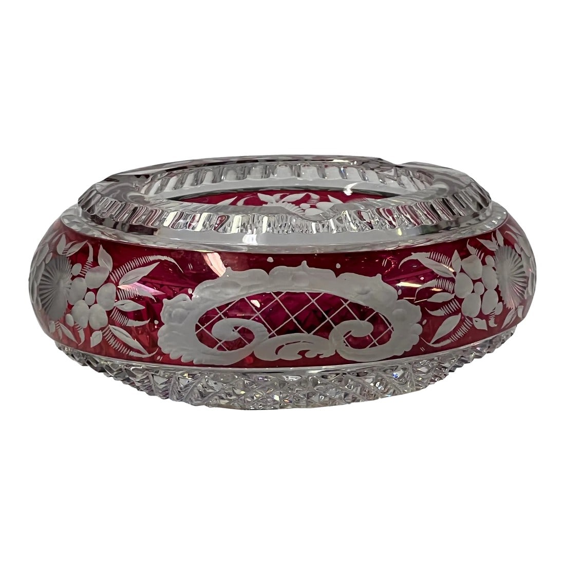 Classic Vintage Round Red Flower Motif Glass Flat Bowl Display: This is a vintage classic style glass round flat bowl container display. Dimensions: Dia 6" x h3" Origin: China Material: Glass Condition: Vintage style finish, no chip USA domestic continental buyers