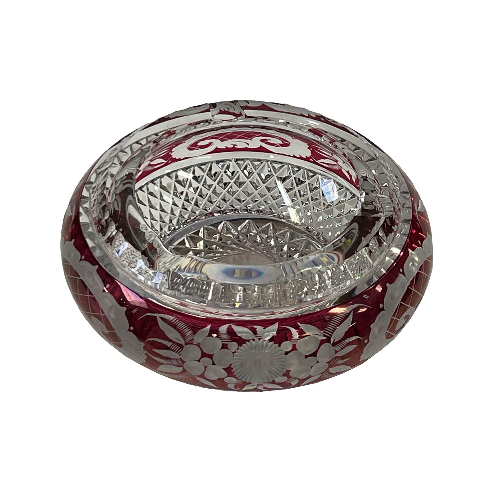 Classic Vintage Round Red Flower Motif Glass Flat Bowl Display - 3