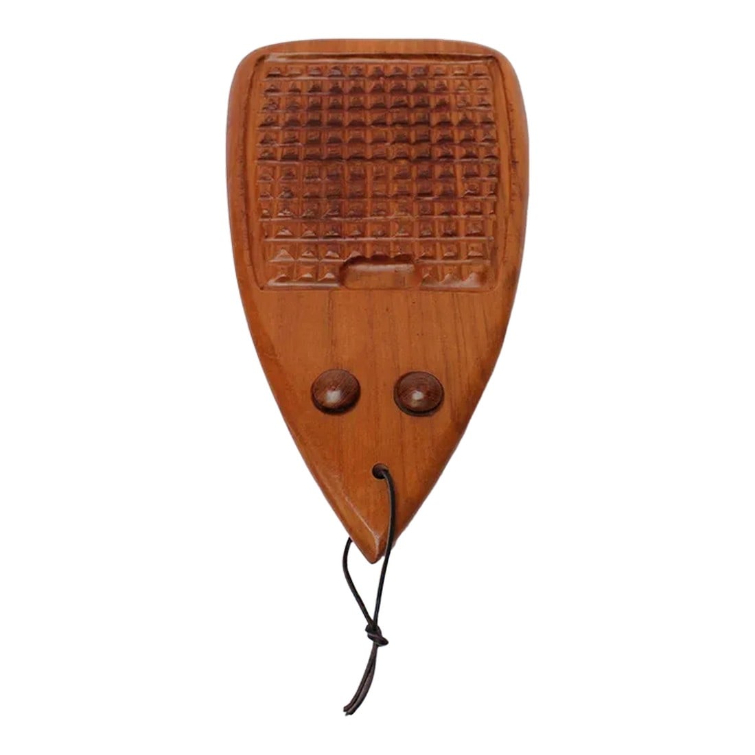 Mid-Century Modern Teakwood "Mouse" Cutting Board: Unique 'mouse-form' cutting board made from Thai teakwood with elongated triangular form and round carved orb eye decoration, which additionally serve as hanging brackets for utensils/accessories