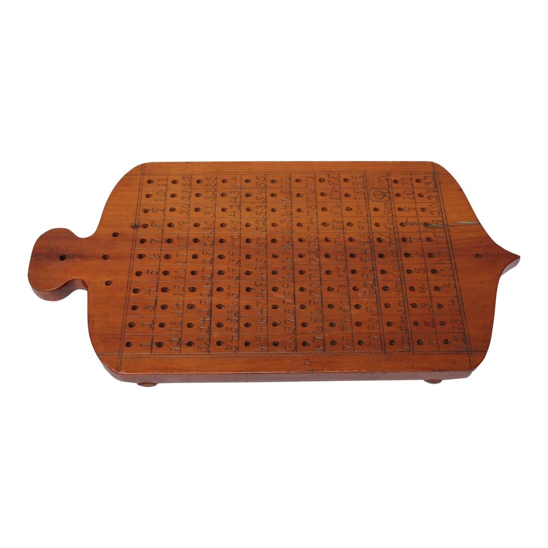 Early 20th Century Folk Art Game Board: Hand-made Folk Art solid walnut board with pencil numbered boxes and corresponding peg holes (1909, USA). Presumably, a game board of sorts, though the game itself is undetermined. Pencil signed and d