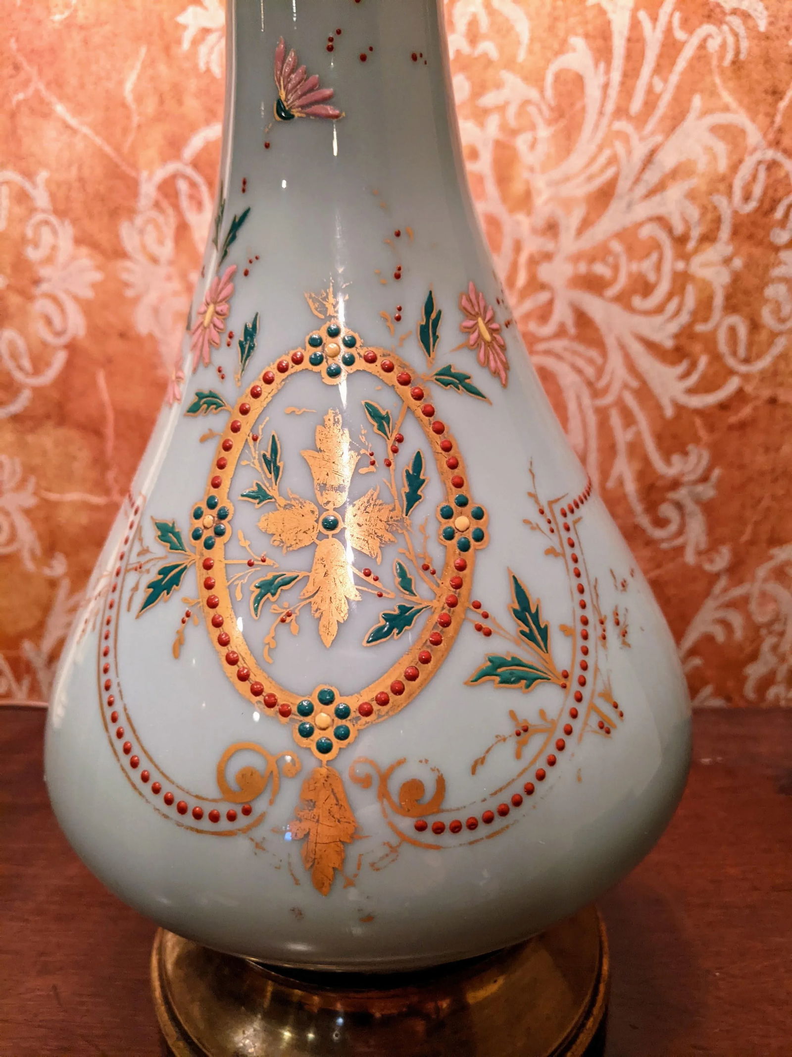 19th Century French Baby Blue Robin's Egg "Sevres" Blue Opaline Glass Table Lamp With Hand-Painted G - 10