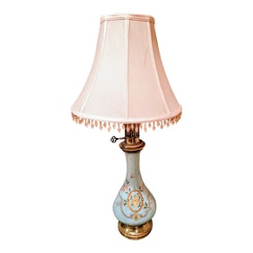 19th Century French Baby Blue Robin's Egg "Sevres" Blue Opaline Glass Table Lamp With Hand-Painted G