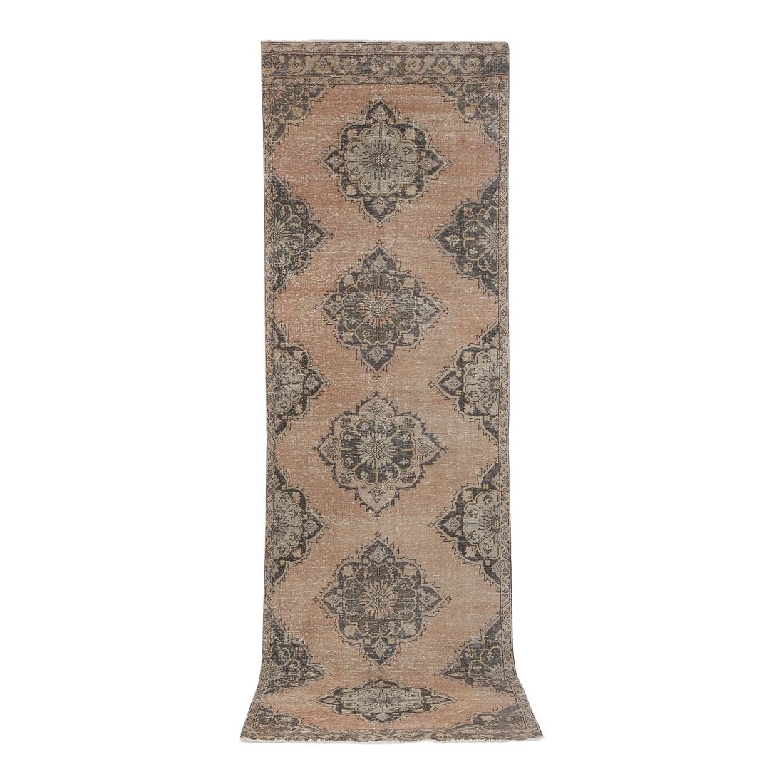 1960s Distressed Faded Low Pile Oushak Runner 3'10'' X 12'9'': Distressed Faded Low Pile Oushak Runner 3'10'' X 12'9'' 46.5" x 152.7'' / 118 x 388 Cm Hand woven with high quality pure wool Excellent condition From TURKEY Works well with all styles of home