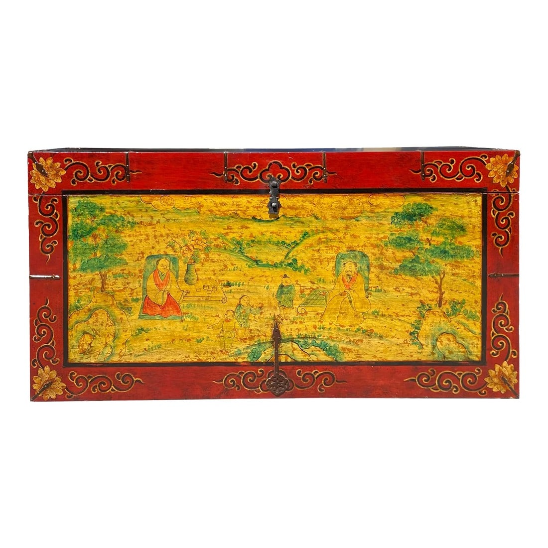 Chinese Tibetan Yellow Buddhism Meditation Graphic Wood Trunk Table: This is a wooden trunk painted with an oriental Tibetan Buddhism people meditation theme graphic. It has an orange red, yellow base color. There is bronze metal hardware around the edge. It can be a d