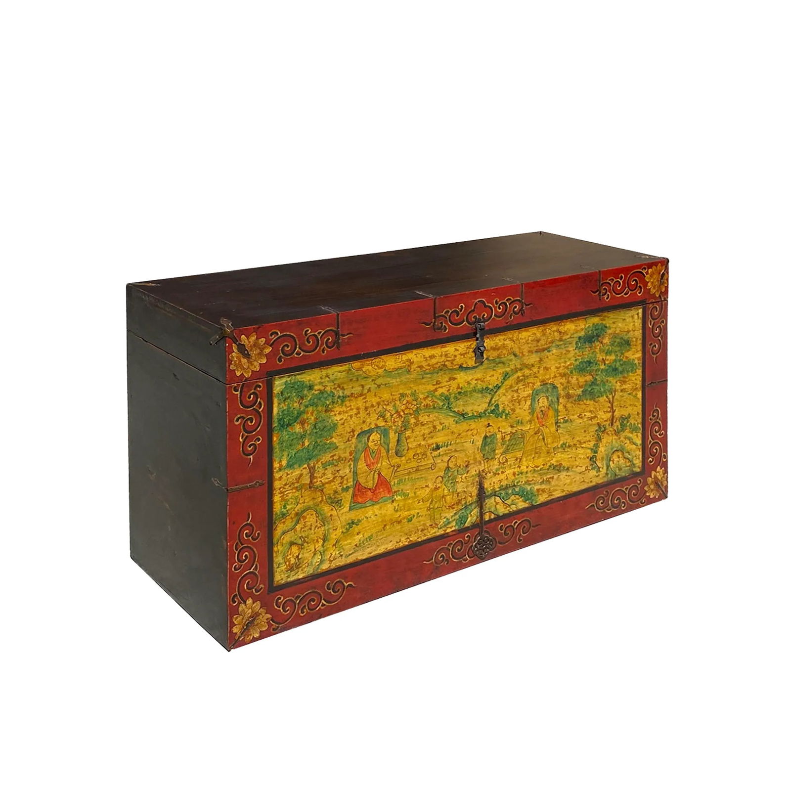 Chinese Tibetan Yellow Buddhism Meditation Graphic Wood Trunk Table - 2