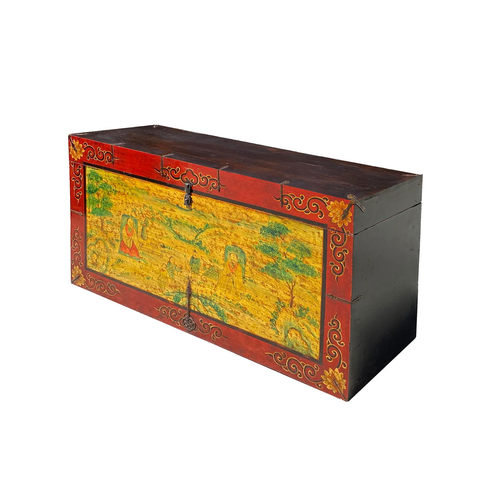 Chinese Tibetan Yellow Buddhism Meditation Graphic Wood Trunk Table - 3