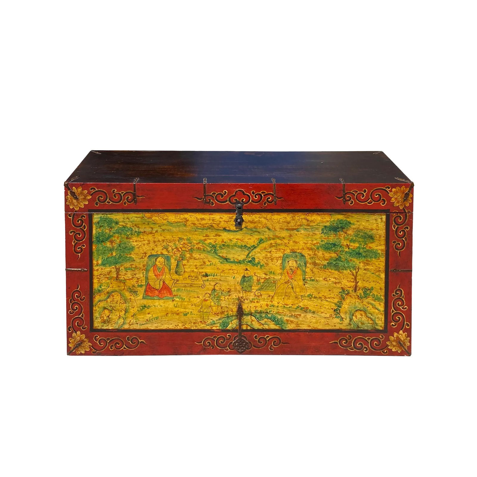 Chinese Tibetan Yellow Buddhism Meditation Graphic Wood Trunk Table - 4