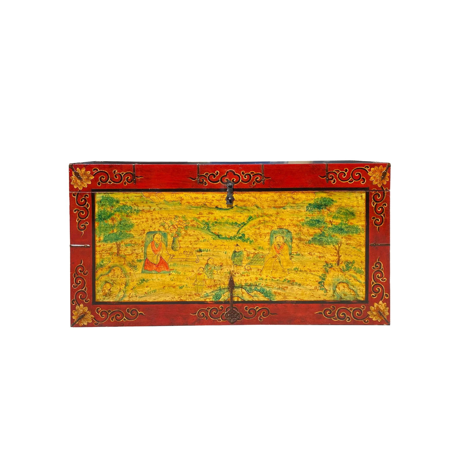 Chinese Tibetan Yellow Buddhism Meditation Graphic Wood Trunk Table - 8