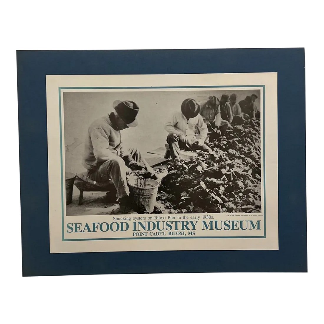 1930s Seafood Industry Museum Poster of Shucking Oysters: AMBIANIC presents 1930s Seafood Industry Museum Poster Art Biloxi Pier, MS Shucking Oysters 28 x 22 poster 22.5 x 17.25 Preowned unrestored vintage condition. See images provided please. Condition: