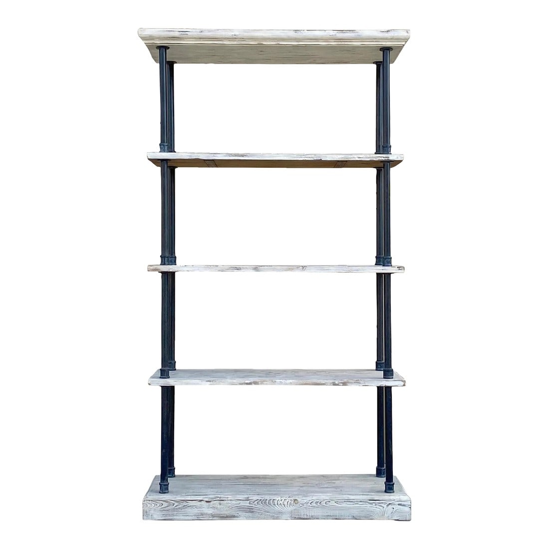 Iron Bars Wash White Wood Shelves Industrial Bookcase Display Cabinet: This is a simple style bookcase display cabinet with iron metal bars frame wash white color rustic wood shelves. It can be a display cabinet, bookcase , room divider cabinet. Dimensions: w44" x
