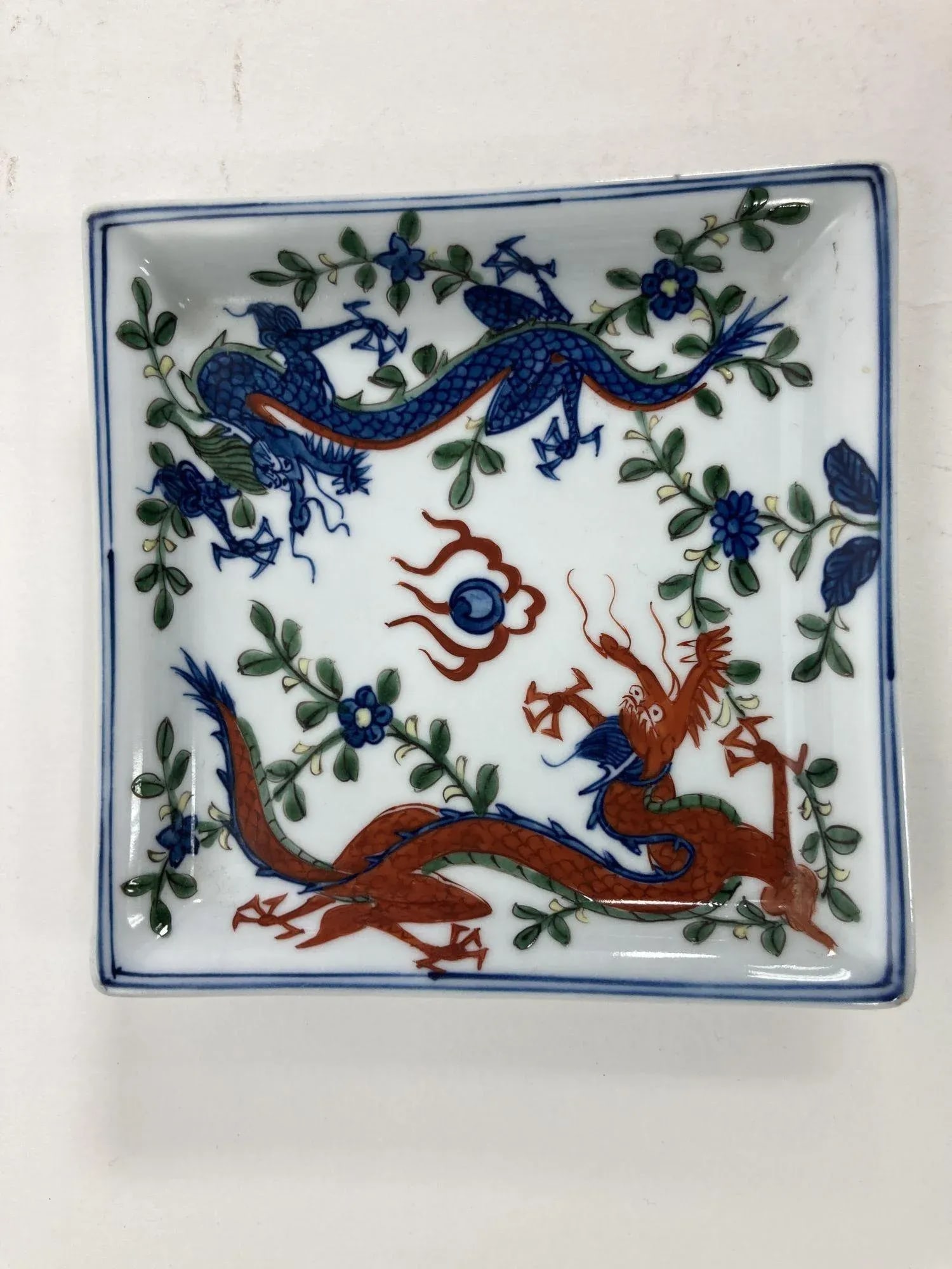 Vintage Chinese Porcelain Wucai Blue and Red Dragons Dish Catchall - 9