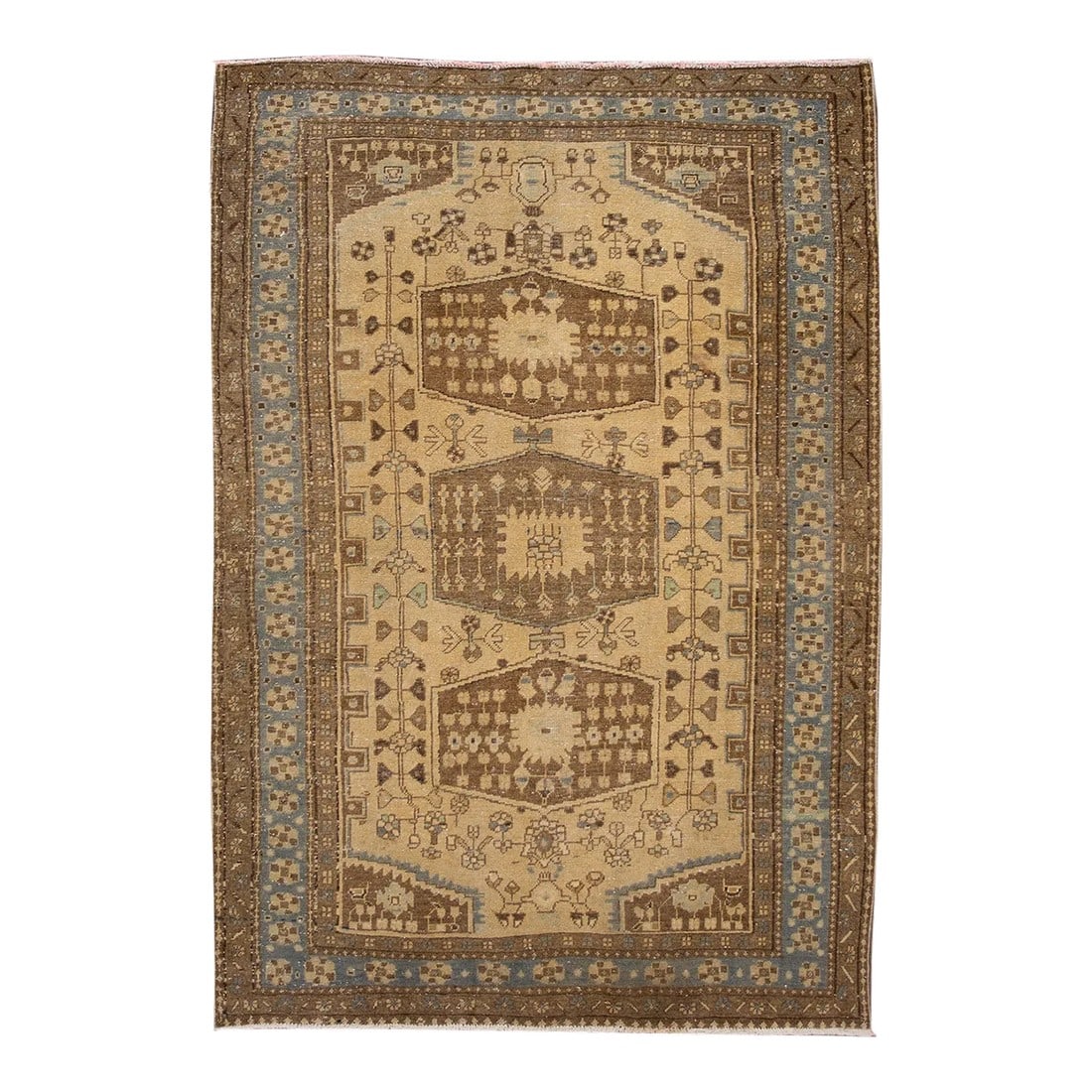 Early 20th Century Vintage Persian Tabriz Beige Handmade Medallion Wool Rug: Beautiful vintage Persian Tabriz hand-knotted wool rug with a beige field. This piece has a gray frame and multicolor accents in an all-over medallion design. This rug measures: 6' 5" x 9' 8" 