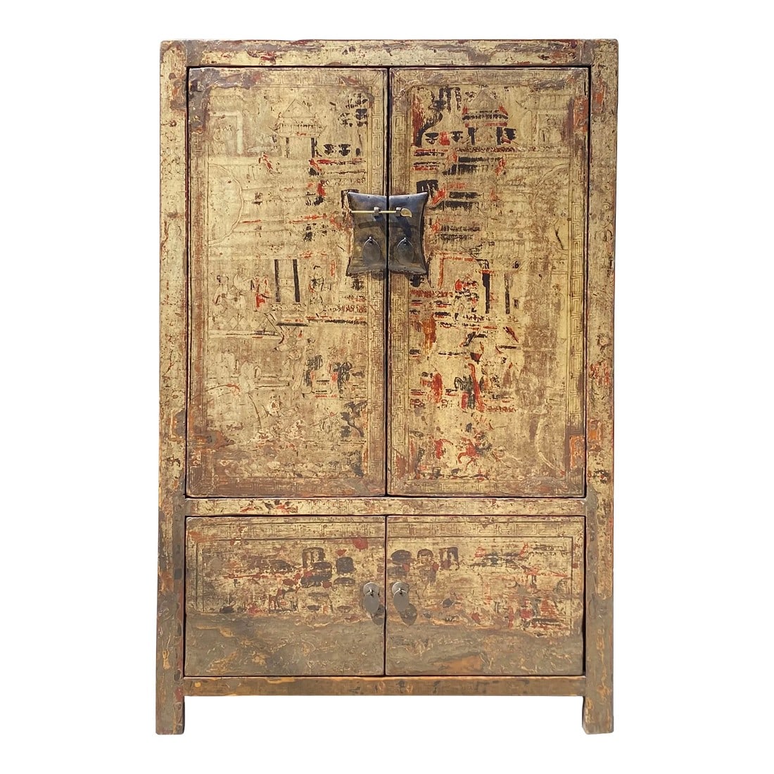 Chinese Distressed Sorrell Brown Graphic Tv Dressing Storage Cabinet (1 of 7)