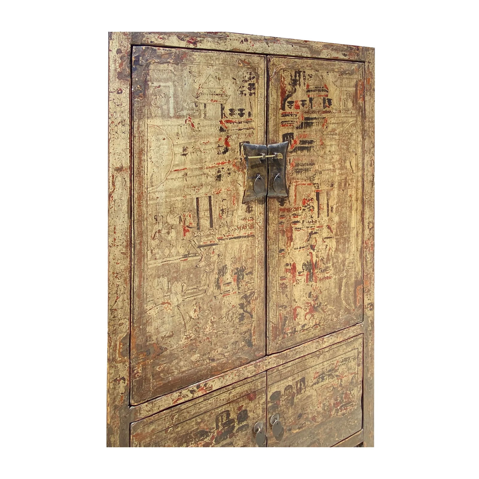 Chinese Distressed Sorrell Brown Graphic Tv Dressing Storage Cabinet - 5