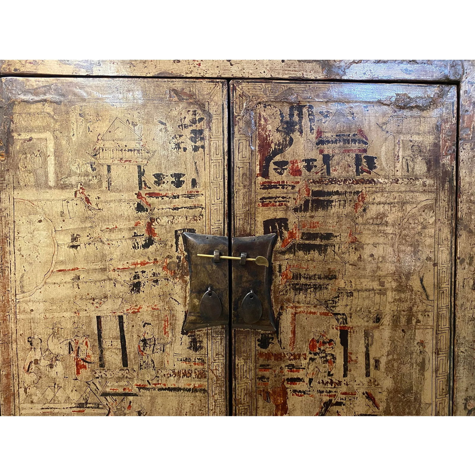 Chinese Distressed Sorrell Brown Graphic Tv Dressing Storage Cabinet - 6