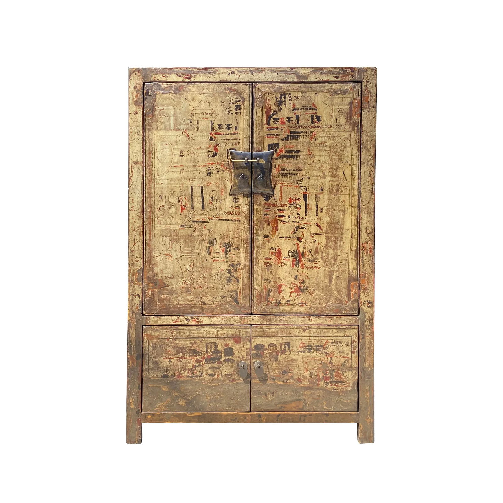 Chinese Distressed Sorrell Brown Graphic Tv Dressing Storage Cabinet - 7