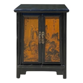 Chinese Distressed Black Yellow Scenery Graphic End Table Nightstand
