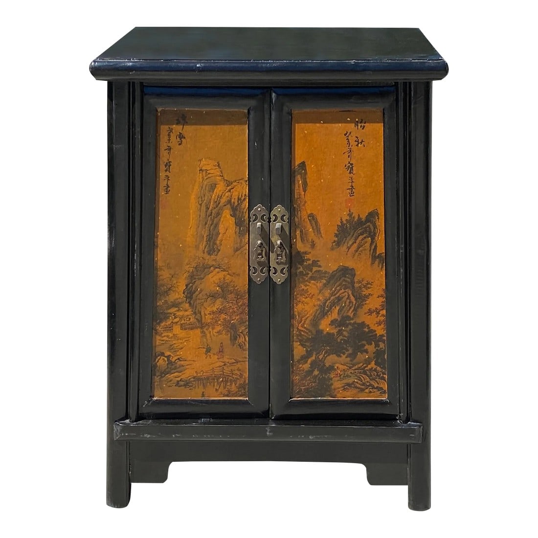 Chinese Distressed Black Yellow Scenery Graphic End Table Nightstand: This is an oriental-style end table nightstand painted with a distressed dark brown-black surface. A simple metal door lock hardware is used as an accent. Ancient Chinese scenery graphic is painted on