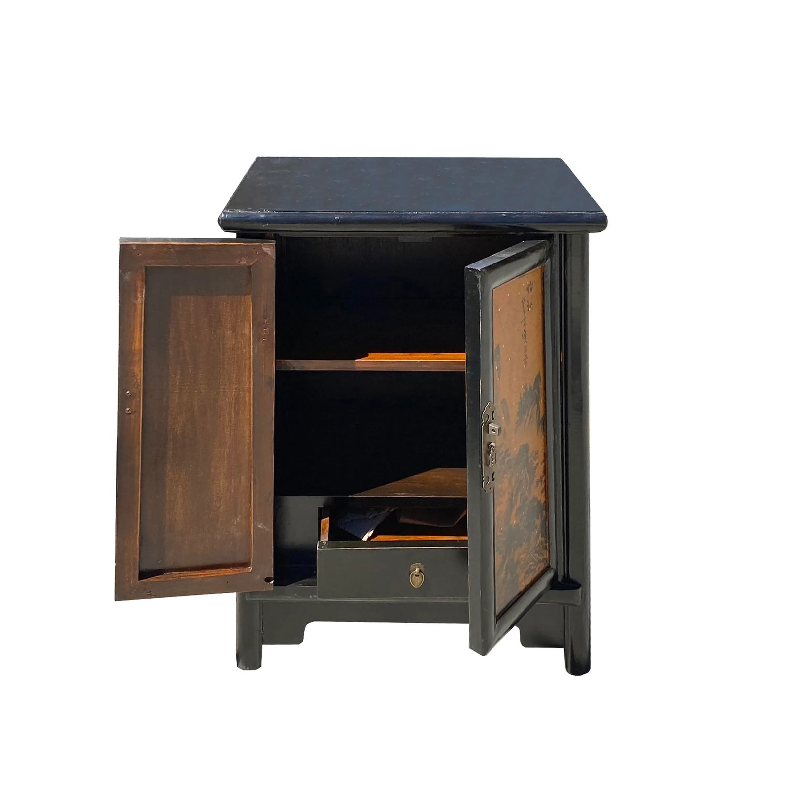 Chinese Distressed Black Yellow Scenery Graphic End Table Nightstand - 2