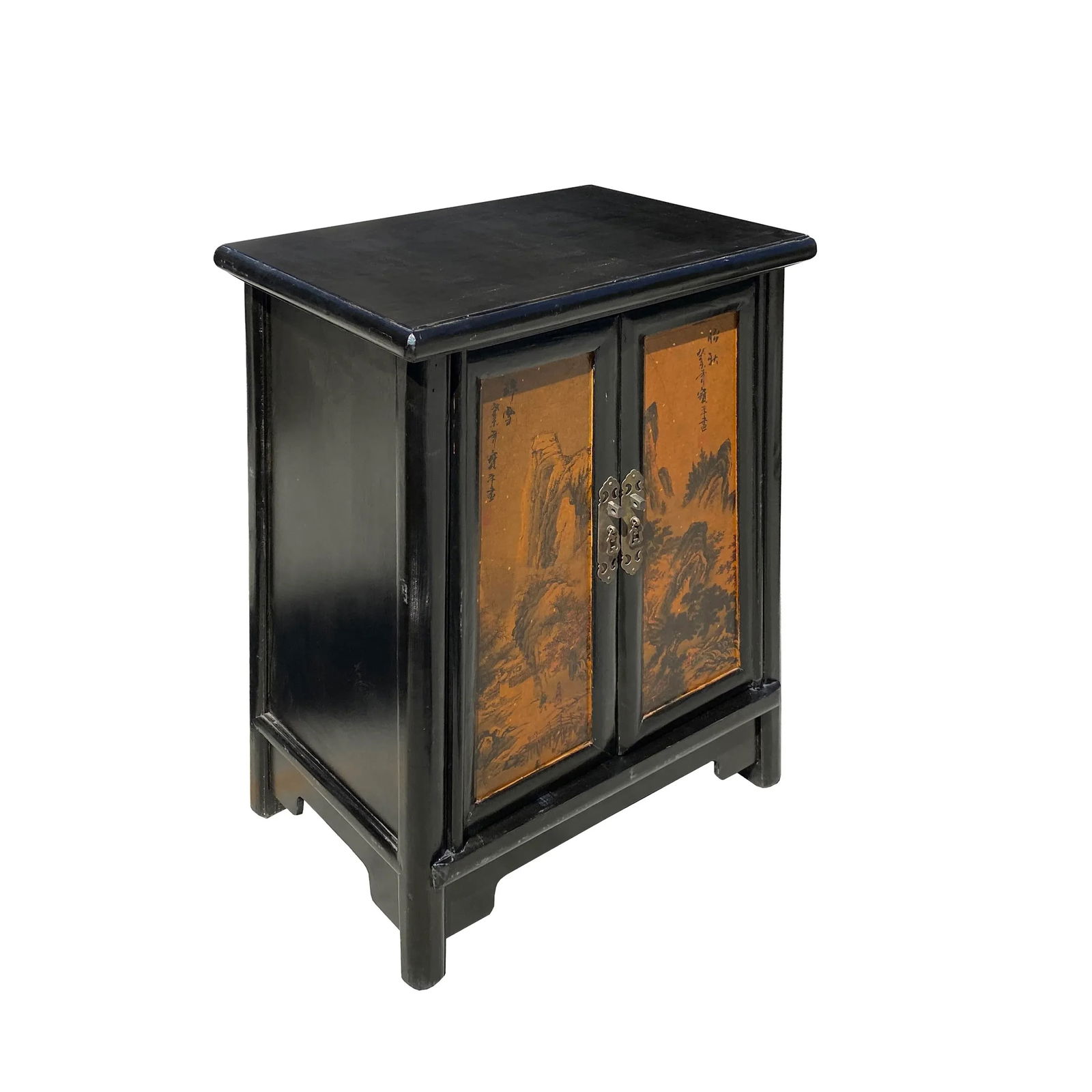 Chinese Distressed Black Yellow Scenery Graphic End Table Nightstand - 3