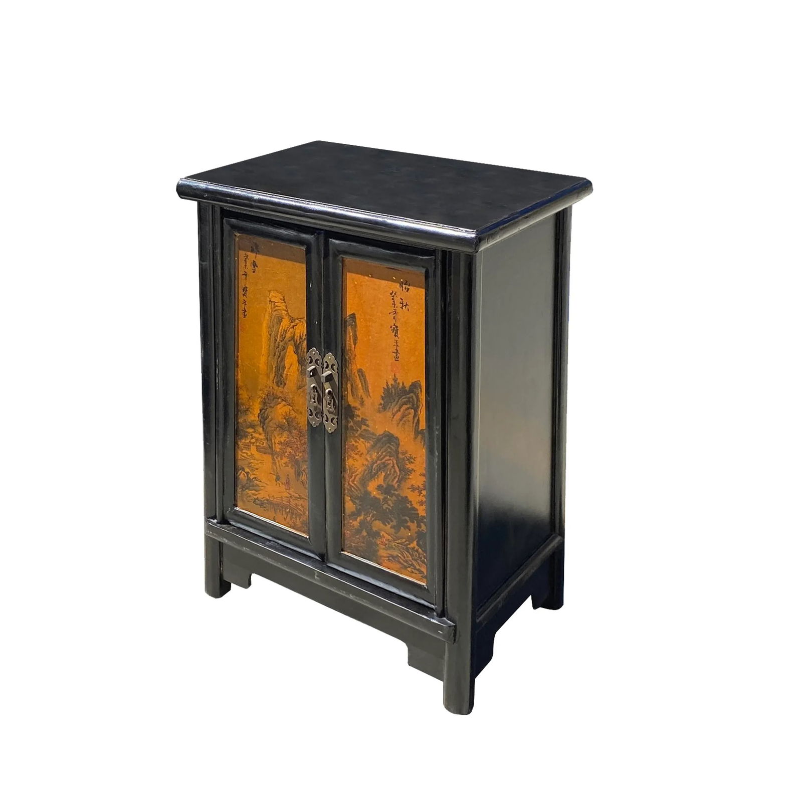 Chinese Distressed Black Yellow Scenery Graphic End Table Nightstand - 4